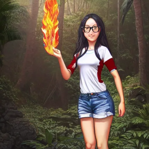 Prompt: realistic hyper - detailed nagatoro using white and red tight raglan sleeves, tight blue jeans and cool shoes in a tropical forest, epic hair glowy fire flames, artstation, 3 d ray tracing, lumen, octane render flawless masterpiece concept art professionally post processed by wlop