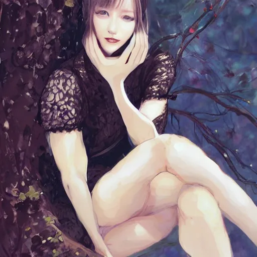 Prompt: a girl wearing a black lace dress and thigh highs sits on a tree, digital art, beautiful face, expressive oil painting, by yoshitaka amano, by artgerm, by conrad roset, by makoto shinkai, volumetrics, mood