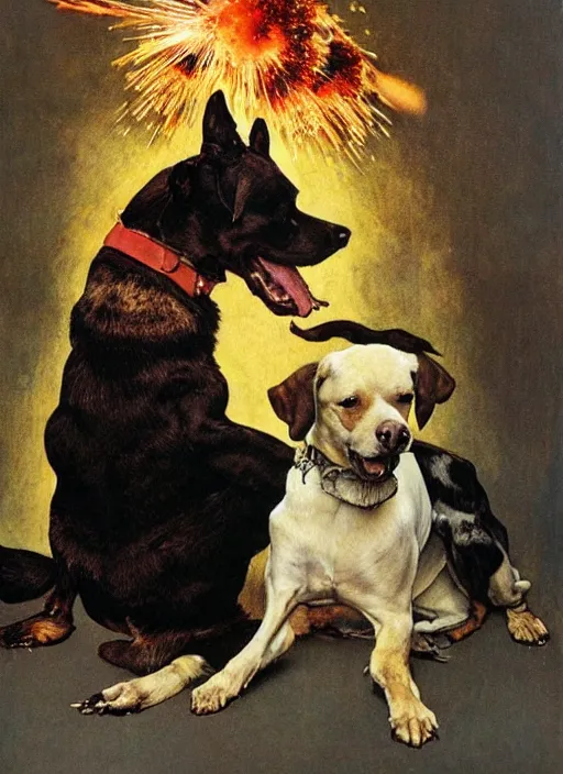 Image similar to a norman rockwell painting of an exploding dog