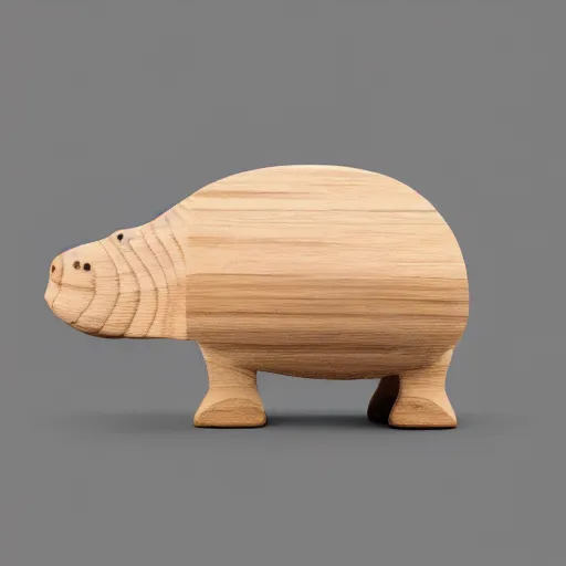 Prompt: studio product shot, side view of a simplified hippo figurine ( carved from teak )!!!!!!!, influenced by toddler toy, influenced by pixar, on a white to grey gradient background, wood grain!!!!!!, photorealistic, hyperrealistic, 8 k hd, octane render, unreal engine, featured on cgsociety