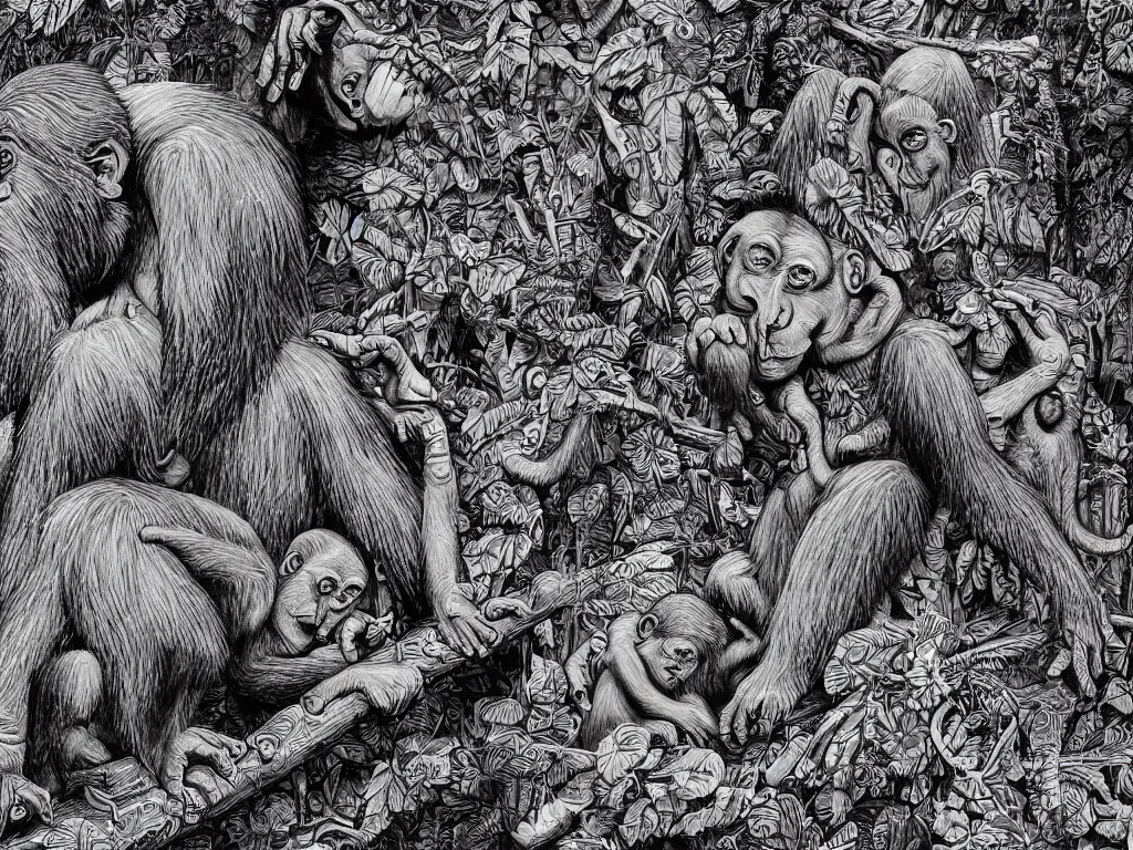 Image similar to bored ape club monkeies by Chor Boogie, intricate details, ultra detailed, 4K, award-winning, touch of M. C. Escher and Salvador Dali