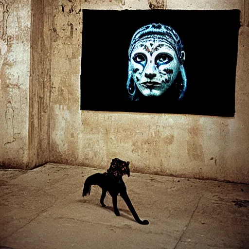 Image similar to empty street, female mayan jaguar warrior, portrait, at night, by nan goldin, cinematography by quetzalcoatl