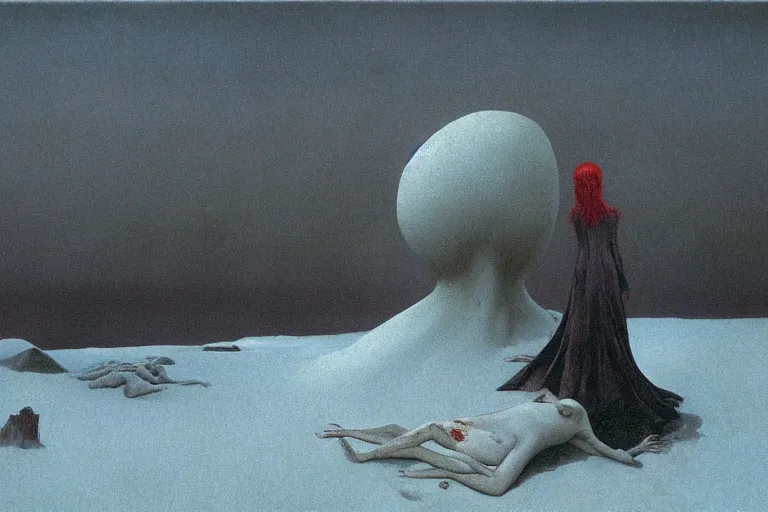 Image similar to a surrealist painting of a lonely woman with pale skin and red hair, standing over pile of bodies in post apocalyptic snowy landscape, painted by zdzisław beksinski