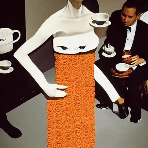 Image similar to woman wearing a cup!!!!!!!! ramen!!!!!!!! dress designed by issey miyake