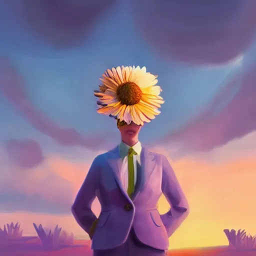 Image similar to giant daisy flower as a head, frontal, a girl in a suit, surreal photography, sunrise, dramatic light, impressionist painting, digital painting, artstation, simon stalenhag
