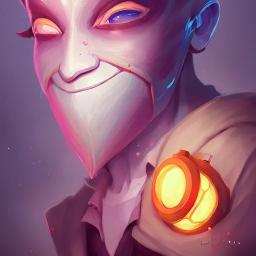 Prompt: a portrait of the happy mask salesman, art by lois van baarle and loish and ross tran and rossdraws and sam yang and samdoesarts and artgerm and saruei and wlop, digital art, highly detailed, intricate, sharp focus, trending on artstation hq, deviantart, unreal engine 5, 4 k uhd image