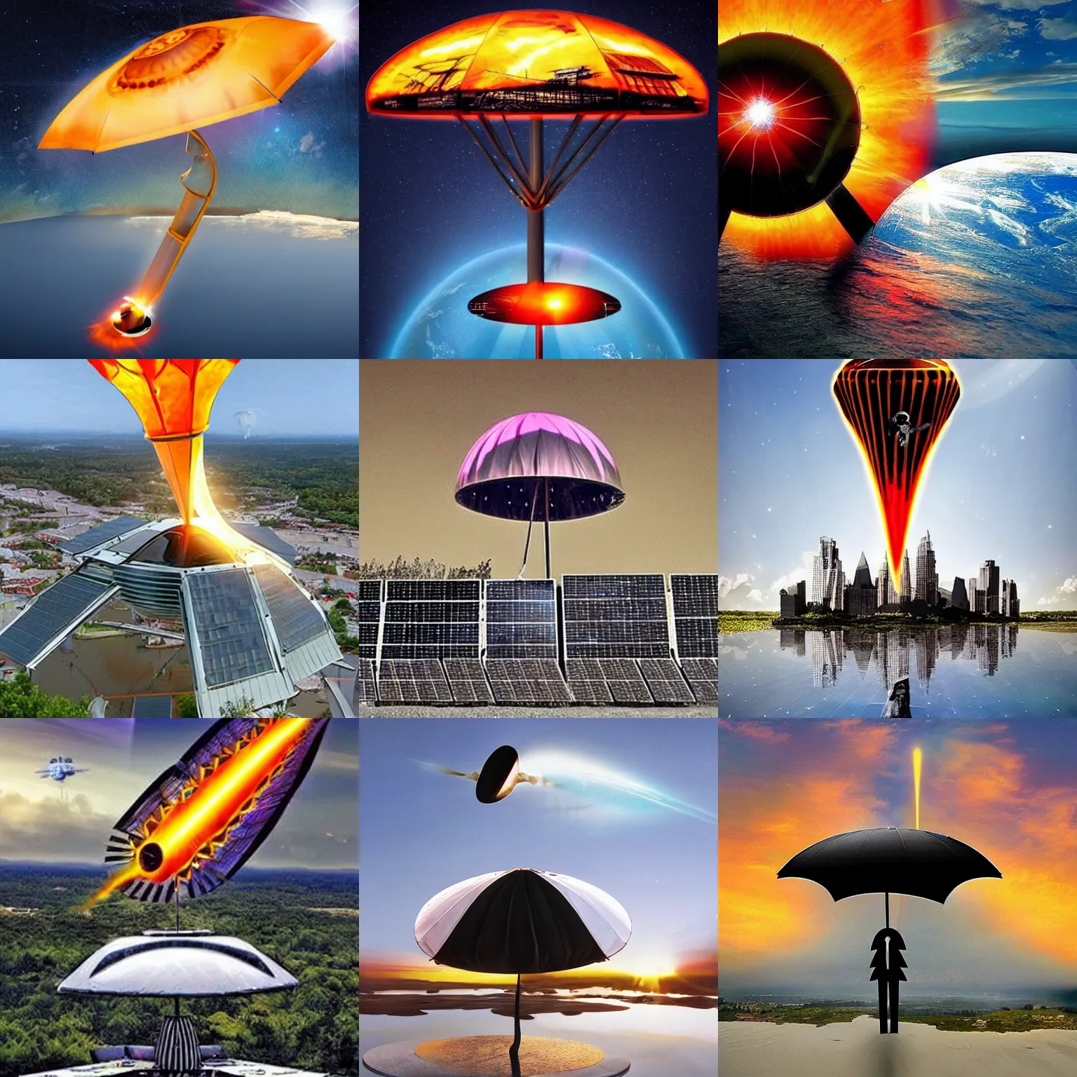 Prompt: giant spaceship shaped like an umbrella that is sucking a solar flare out of the sun to fuel the traveling world that is teeming with life in the style of banksy