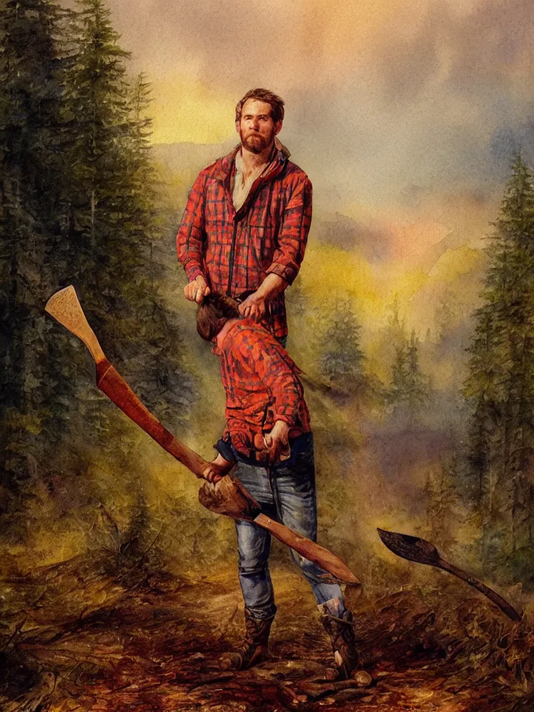 Image similar to a watercolor painting of a man wearing lumberjack clothes and holding a axe by william turner, forest in the background, warm colors, anatomically correct, five fingers, realistic and defined face, realistic, digital painting, masterpiece, watercolor, william turner, symmetrical, low contrast, warm