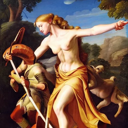 Image similar to joanna newsom fighting the predator, baroque style painting, very detailed