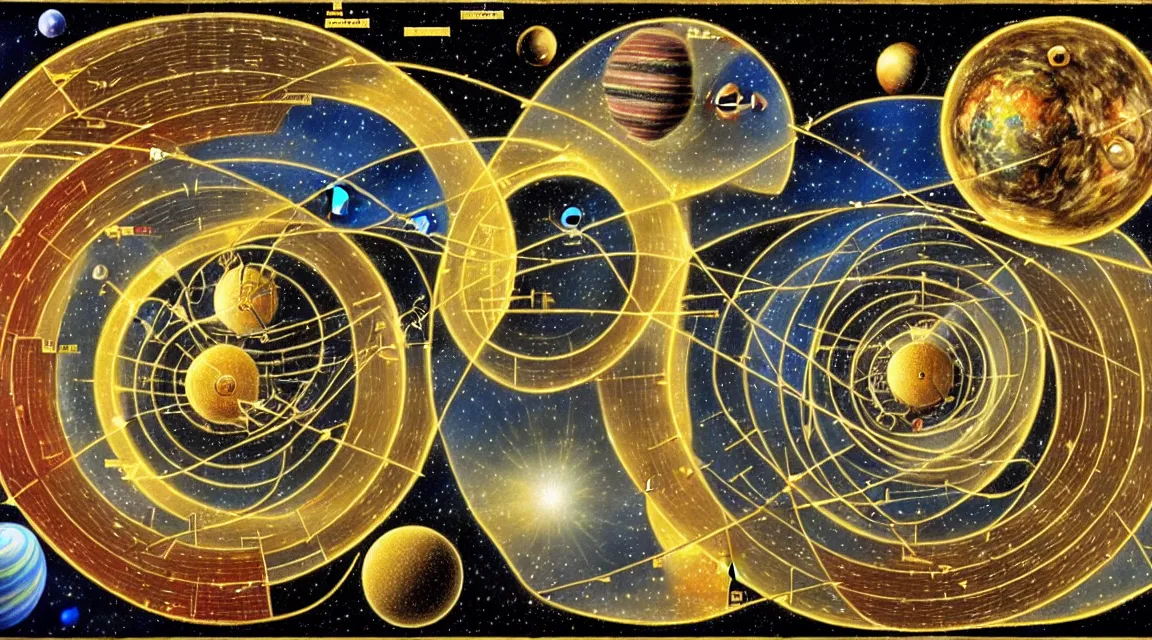 Image similar to photorealistic depiction of the concept of the whole marvelous and universal mechanism moves on majestically through space to the music of the meter of the infinite thought and the eternal purpose of the first great source and center