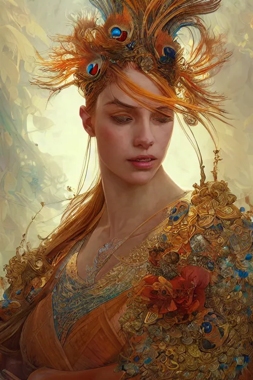 Prompt: an award winning portrait of a anthropomorphic peacock warrior goddess, D&D, fantasy, intricate, highly detailed, digital painting, artstation, concept art, smooth, sharp focus, illustration, art by artgerm and greg rutkowski and alphonse mucha, by WLOP