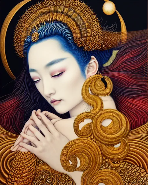 Prompt: portrait of a beautiful moon goddess, unusual beauty, esoteric, outher worldly colours, head in focus, fantasy art, ornamental aesthetics,, intricate, elegant, highly detailed, hyperrealistic painting, artstation, concept art, painterly, golden ratio, sharp focus, illustration, art by chie yoshii