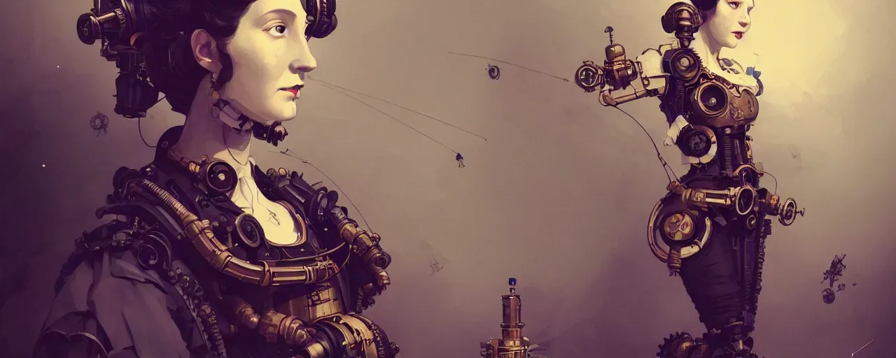 Image similar to duotone dark concept illustration 3 / 4 portrait of ada lovelace as steampunk cyborg. highly detailed mechanism cinematic volumetric lighting. fibonacci golden ratio accidental renaissance. by sachin teng and sergey kolesov and ruan jia and heng z. graffiti art, scifi, fantasy, hyper detailed. octane render. concept art. trending on artstation