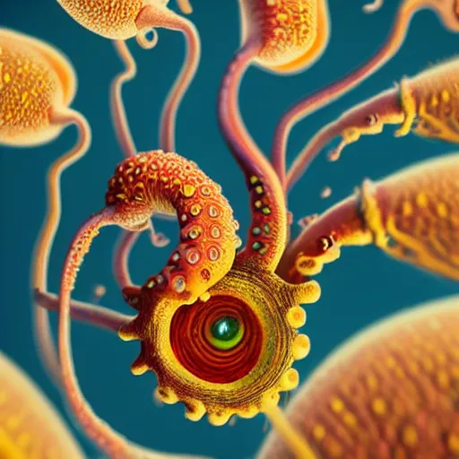 Image similar to whimsical fiery cephalopod eyes, in a photorealistic electron microscope with shallow dof