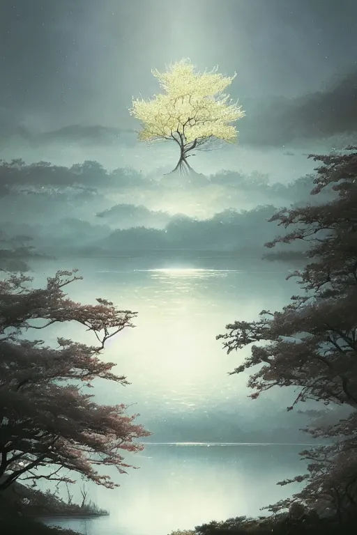 Prompt: a distant! sakura tree on a lake, viewed from afar, stephen bliss, misty, unreal engine, fantasy art by greg rutkowski, loish, rhads, ferdinand knab, makoto shinkai and lois van baarle, ilya kuvshinov, rossdraws, tom bagshaw, global illumination, radiant light, minimalist, detailed and intricate environment