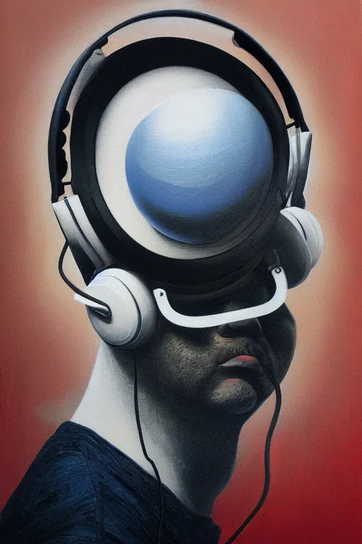 Image similar to hyperrealism surrealism acrylic painting, close - up portrait of bowling ball - with big headphones and a mime sweater, aerosol splashes on paper background, art by jeff soto