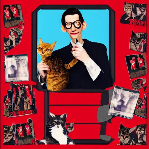 Image similar to an album of neil cicierega holding a cat, in a red color style, in a railroad background