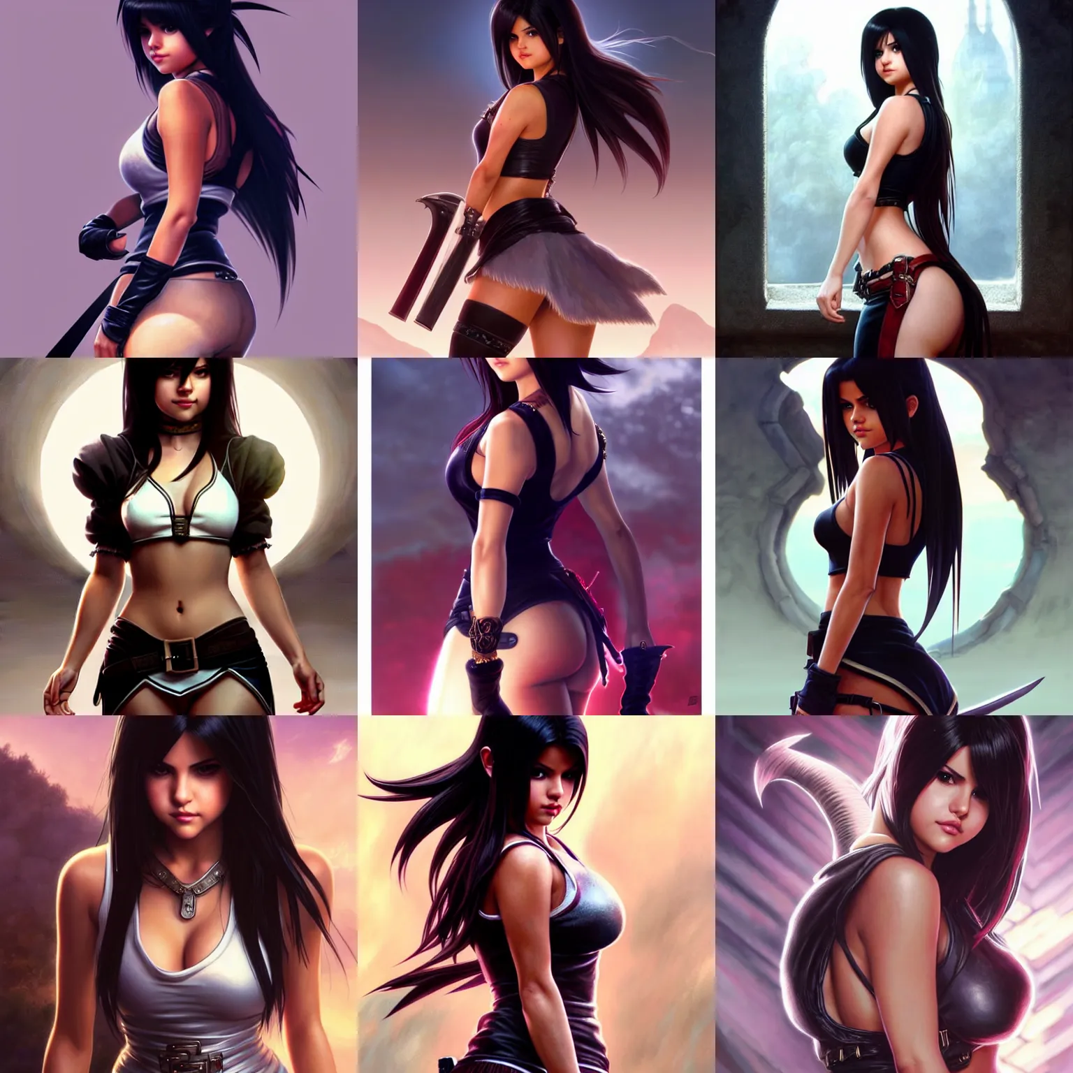 Prompt: Selena Gomez as Tifa from Final Fantasy, full body, D&D, fantasy, intricate, elegant, highly detailed, digital painting, artstation, concept art, matte, sharp focus, illustration, art by Artgerm and Greg Rutkowski and Alphonse Mucha