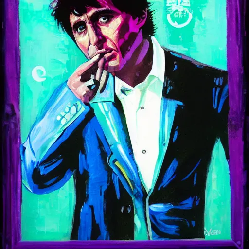 Image similar to ' acrylic painting of tony montana in a style of cyberpunk delivery club, in salvia divinorum, photorealistic glamour necro science'