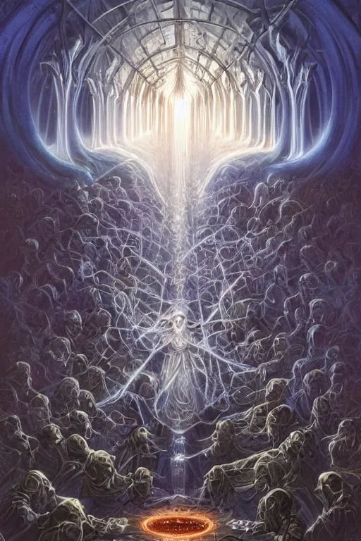 Prompt: a quantum computer!!!!!, surrounded by a dark cabal of hooded elven mystics with long robes gathered in a circular formation, michael whelan, dan seagrave, boris vallejo, quantum computer, quantum computer