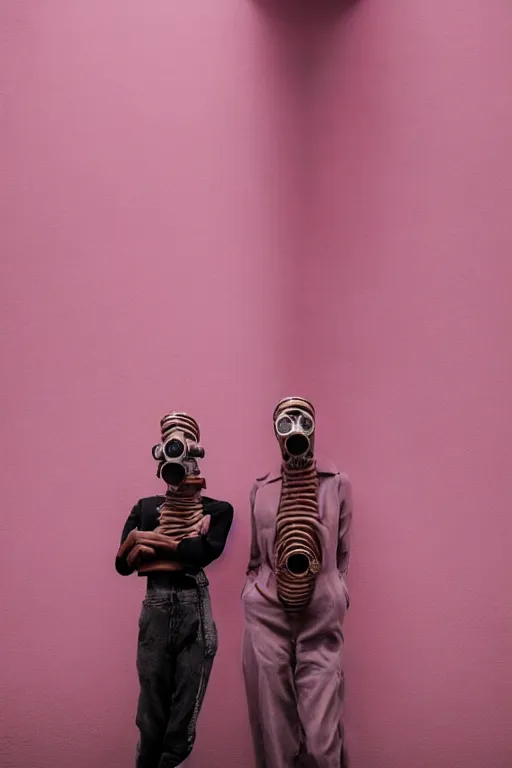 Image similar to a surreal portrait of intertwined and contorted figures wearing gas mask next to a pink wall in the style of brooke didonato, editorial fashion photography from vogue magazine, full shot, nikon d 8 1 0, ƒ / 2. 5, focal length : 8 5. 0 mm, exposure time : 1 / 8 0 0, iso : 2 0 0