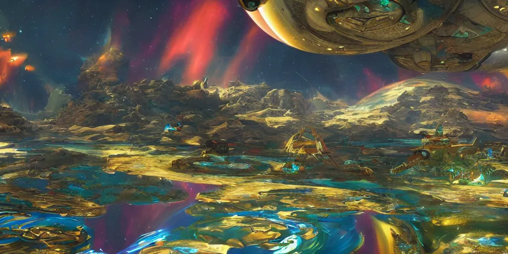 Prompt: a beautiful painting of an elaborate space sci - fi scene painted by bosch and lisa frank, detailed, unreal engine