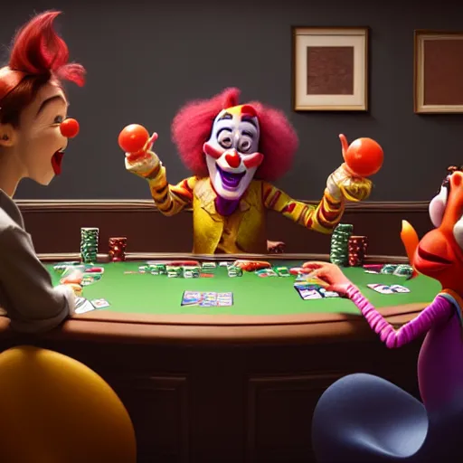 Image similar to pixar clowns playing poker, smiling maniacally | glamorous oily soft polished rich ornate modern | weta disney pixar movie still photo | hi - fructose, sci fi fantasy, smooth, octane render, sharp focus, artstation, concept art | artgerm, mucha, rutkowski, feng zhu, wlop, loish