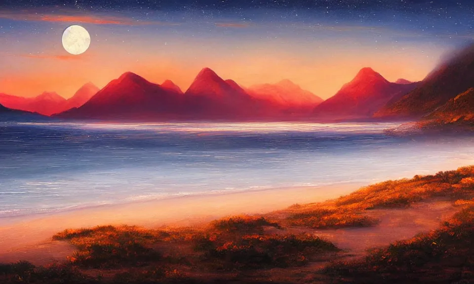 Image similar to the most beautiful panoramic landscape, oil painting, a beach at night lit by the moon, mountains in the distance, clouds, foggy, cinematic lighting, highly detailed, very realistic