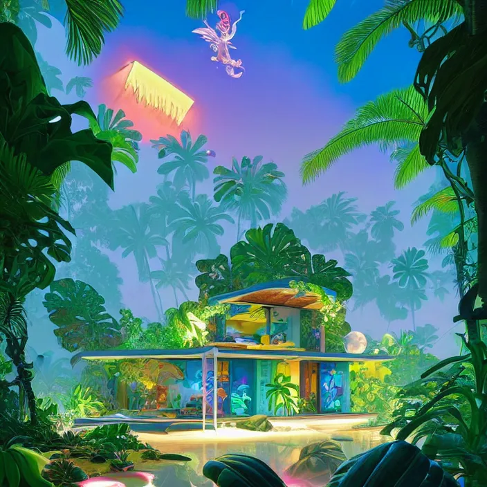 Image similar to a luminescent tropical cottage by paolo eleuteri serpieri and tomer hanuka and chesley bonestell and daniel merriam and tomokazu matsuyama, unreal engine, high resolution render, featured on artstation, octane, 8 k, highly intricate details, vivid colors, vector illustration