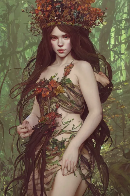 Image similar to full body forest queen akimbo portrait highly detailed, digital painting, artstation, concept art, smooth and sharp focus, illustration, art by tian zi and wlop and alphonse mucha