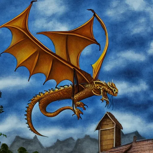 Prompt: dragon flying over village