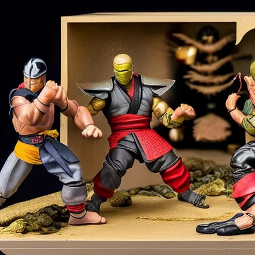 Image similar to photo of figma figures inside a diorama, depicting the fighters of mortal kombat brutally fighting each other inside a shaolin temple.