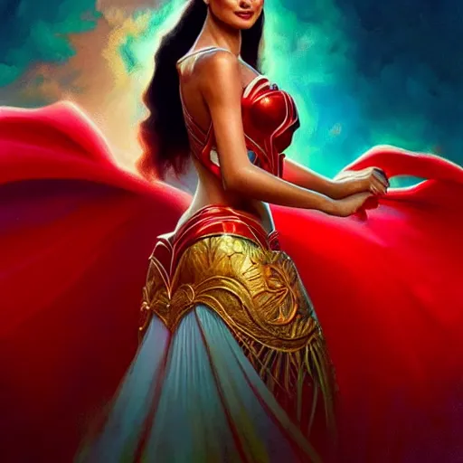 Prompt: pia wurtzbach as darna, volumetric lights, red and cyan theme, art nouveau botanicals, intricate, highly detailed, digital painting, artstation, concept art, smooth, sharp focus, cinematic, illustration, beautiful face, art by artgerm and greg rutkowski and alphonse mucha