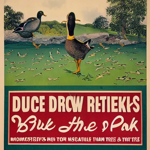 Prompt: poster advertising free ducks at the park