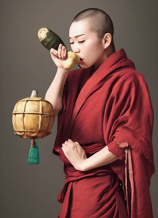 Image similar to full portrait of a female monk drinking from a wine gourd by wlop, wuxia, xianxia, drunken boxing, drunken fist, drunken master, weathered olive skin, athletic, playful, fully clothed, monk's robe, wine gourd, detailed, realistic, anatomically accurate, fantasy illustration, artstation, wlop.