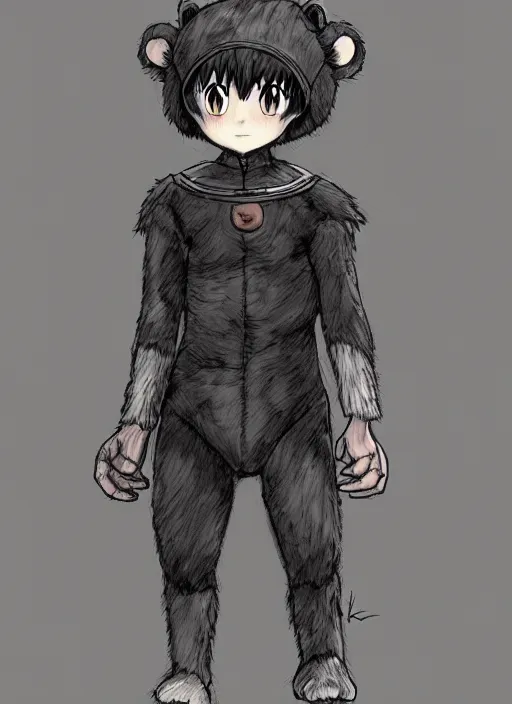 Image similar to beautiful little boy wearing an cyborg bear suit, artwork in kentaro miura and made in abyss and rosdraws, smooth, beautiful lightness, anatomically correct, trending on pixiv, forest