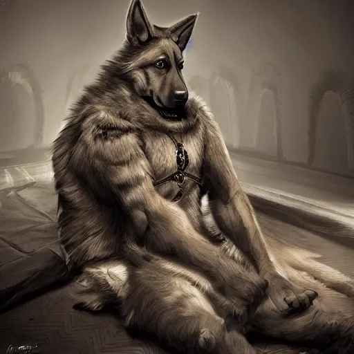 Image similar to a humanoid german shepherd beast - man in military style, sitting on the carpeted floor beside a bed, highly detailed portrait, digital painting, artstation, concept art, smooth, sharp foccus ilustration, artstation