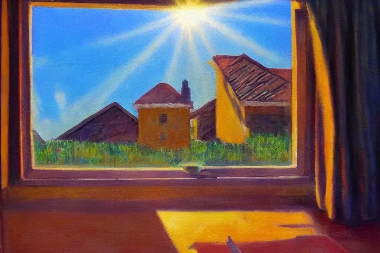 Prompt: rays of the morning sun shining through the window of the village house. very beautiful, clear sky, warm shiny colors, oil painting