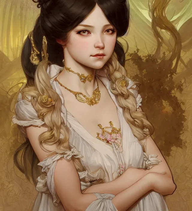 Image similar to portrait of of young beautiful female princess, d & d, baroque dress, elegant, flat lighting, intricate, highly detailed, digital painting, artstation, concept art, smooth, sharp focus, illustration, closeup, misa amane, art by simon bisley and greg rutkowski and alphonse mucha, natural tpose