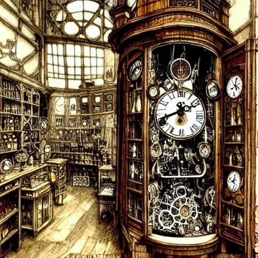 interior of a cluttered steampunk clock shop, father, Stable Diffusion