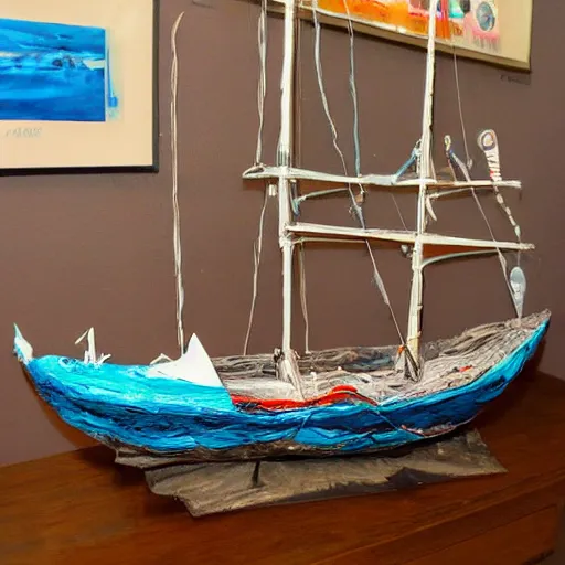 Image similar to my buddy buying a sailboat, paper mache, detailed