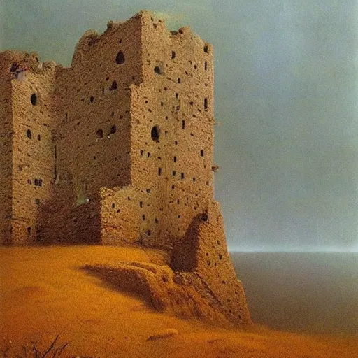 Image similar to an ancient ruined tower atop a crag, moody, ethereal, atmospheric, painting, Zdzisław Beksiński