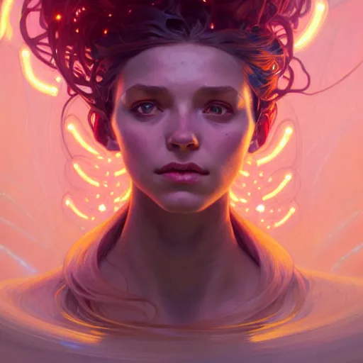 Prompt: Portrait of a polymorphic girl surrounded by glowing nodes, face, fantasy, intricate, elegant, highly detailed, digital painting, artstation, concept art, smooth, sharp focus, illustration, art by Jesper Ejsing and Fernanda Suarez and Artem Demura and alphonse mucha