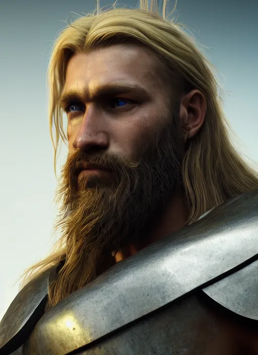 Image similar to portrait of a spartan hoplite hero, long blond hair and beard, perfect facial symmetry + dim volumetric lighting, 8k octane beautifully detailed render, post-processing, extremely hyperdetailed, intricate, epic composition, grim yet sparkling atmosphere, cinematic lighting + masterpiece, trending on artstation