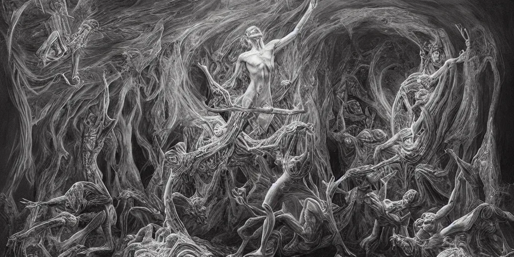 Prompt: it took me two hours to comprehend the data back then, volumetric lighting and shadows, concept art, biomechanical, realistic oil painting by alex grey and gustave dore,