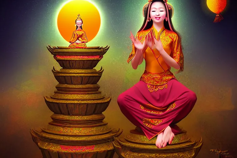 Prompt: vietnamese smiling sitting goddess, pro photo mystical temple night, tea vapors, detailed soft digital fantasy art