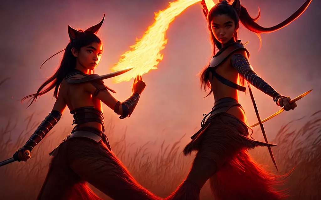 Prompt: weta disney pixar epic movie shot of madison beer : : as samurai warrior catgirl by pixar : : flames : : by weta, greg rutkowski, wlop, ilya kuvshinov, rossdraws, artgerm, marvel, unreal engine, pearlescent, bright morning, anime