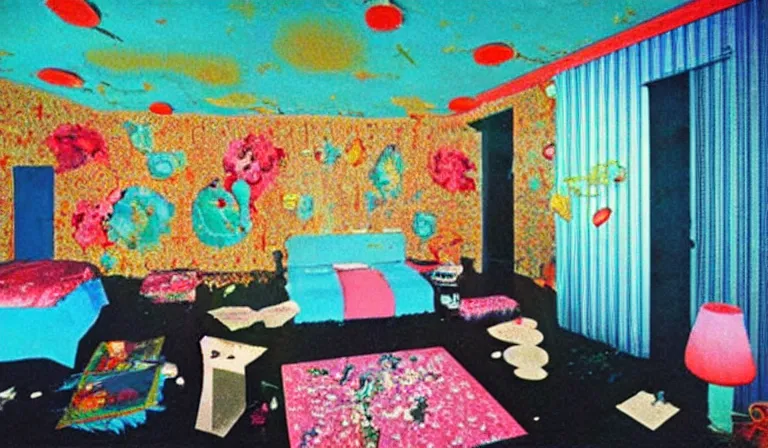 Image similar to A bedroom designed by Tadanori Yokoo, film still, by Gregg Araki