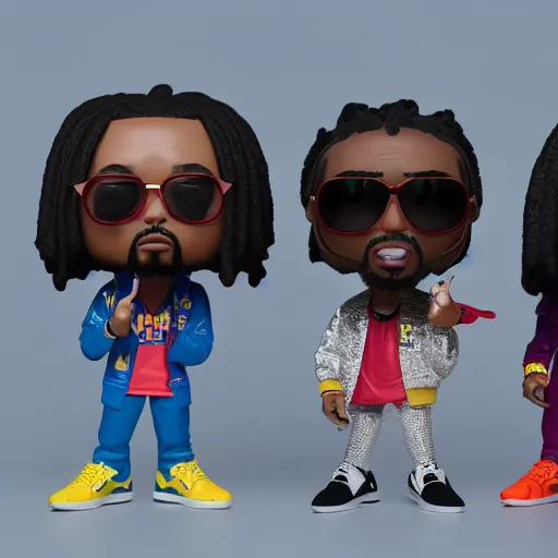 Prompt: funko pop of rap group migos members quavo, offset and takeoff, product shot, macro, hyper realistic, octane render, unreal engine, 4 k, 8 k