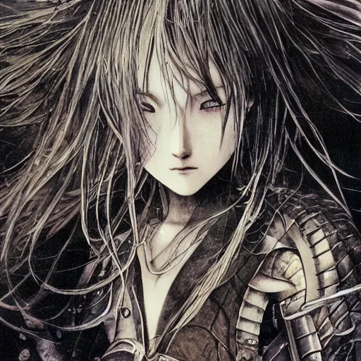 Prompt: yoshitaka amano blurred and dreamy realistic illustration of an anime girl with black eyes, wavy white hair fluttering in the wind and cracks on her face wearing elden ring armor with engraving, abstract black and white patterns in the background, noisy film grain effect, highly detailed, renaissance oil painting, weird portrait angle, three quarter view, head turned to the side